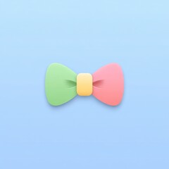 Pastel bow tie icon with soft pastel tones, green and pink sides, yellow center, minimal style, isolated on light blue background, cheerful and playful design