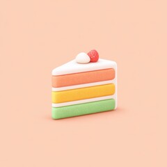 Pastel cake slice icon with soft tones, three colorful layers, white icing, and fruit decoration, minimal style, isolated on peach background, cheerful mood