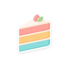 Pastel cake slice icon with soft tones, layered dessert illustration, minimal style, sweet treat, colorful, isolated on white, cheerful and playful design