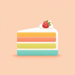 Pastel cake slice icon with soft tones, layered dessert illustration, creamy frosting, strawberry topping, minimal style, sweet and cheerful mood