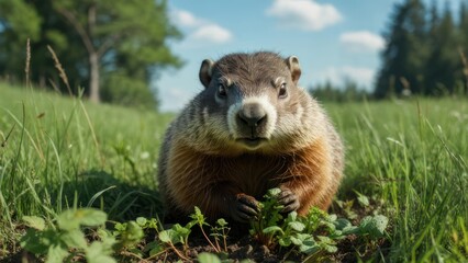 Groundhog in a grassy field