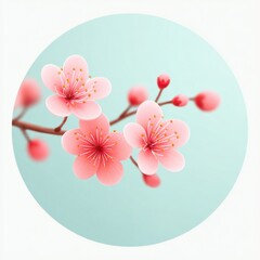 Pastel cherry blossom flower branch with soft pink petals and gentle blue background, delicate spring floral art in circular frame, peaceful and elegant mood