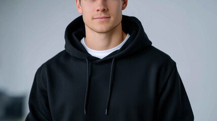 Full torso shot of a man in a solid black hoodie, plain white background, hoodie folds and texture visible, minimalistic online clothing store presentation