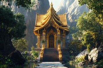 Serene golden temple surrounded by lush greenery in a tranquil mountainous setting