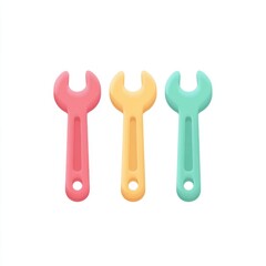 Pastel flat tools wrench icon soft colors, three cartoon wrenches in pink, yellow, and teal, isolated on white background, playful and minimal design