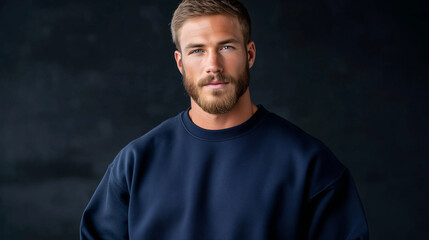 Man wearing a solid navy sweatshirt, standing against black background, clean and simple composition, professional e-commerce product shot
