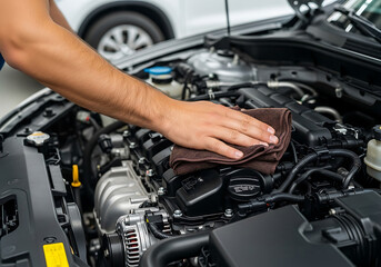 Mechanic cleaning a car engine with a cloth