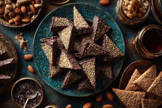 Mustacciuoli cookies arranged on turquoise plate with dark chocolate sauce and nuts, creating cozy festive atmosphere. Concept of chocolate spiced cookie Italian festive delight.