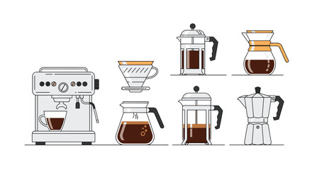 Set of clean icons representing different coffee brewing methods and tools like espresso machine and moka pot.