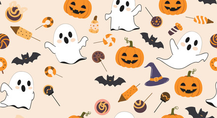 Naklejka premium Fun halloween seamless pattern featuring ghosts pumpkins bats and candies on a light beige background for holidays.
