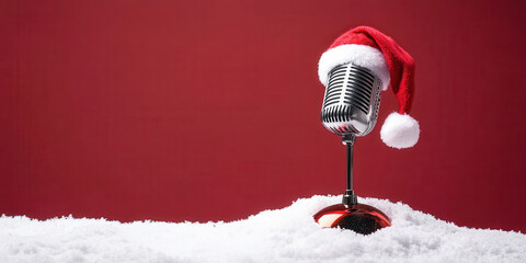 festive retro microphone crowned with fluffy santa hat dangling shiny red bauble over snowy base against vibrant crimson backdrop perfect for holiday podcast wallpaper or festive banner copy space