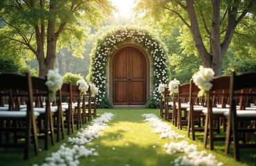 Fototapeta premium Outdoor wedding ceremony setup. Wooden double doors with floral arch. Rows of chairs flank grass aisle with flower petals. Sunny day in a garden.