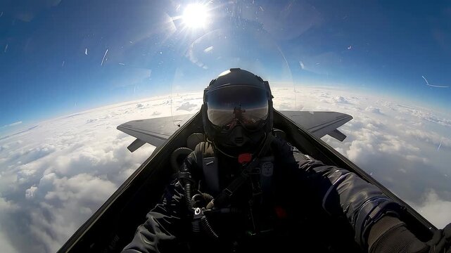 Fighter jet pilot flying above cloud layer under bright sun capturing high altitude aviation experience speed precision and aerial mastery