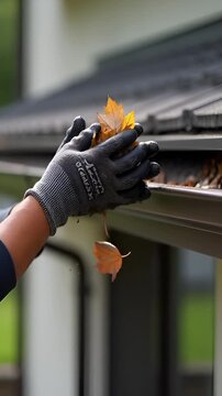 Cleaning gutters by removing leaves in a residential area