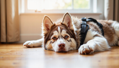Relaxed husky dog lying on wooden floor by the window