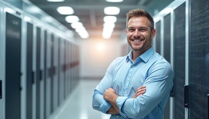 Smiling man in blue shirt stands confidently with arms crossed in modern server room with rows of data racks. He looks towards camera with pro and friendly expression, symbolizing IT expertise.