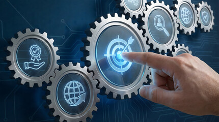Abstract mechanical representation of precise operational strategy and goal alignment,symbolizing the seamless integration of business processes,visualizing perfect workflow sync.
