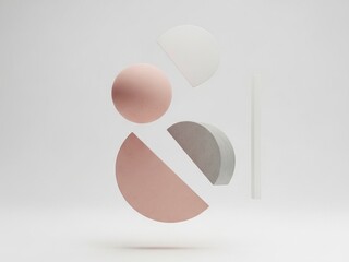 Elegant Minimalist 3D Composition with Floating Geometric Primitives in Muted Dusty Rose and Concrete Gray Palette. Clean Abstract Background Design for Commercial Use.