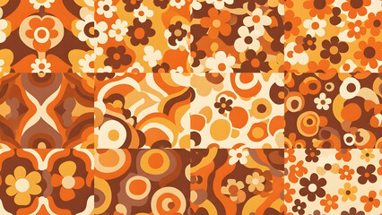 Retro 70s floral pattern background tiles orange