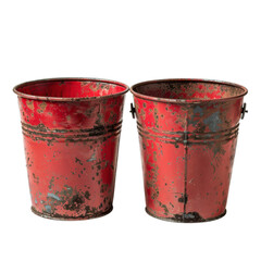 Two old red metal buckets on a black background