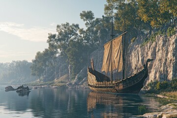 Viking ship moored at serene riverside surrounded by lush trees and rocky cliffs