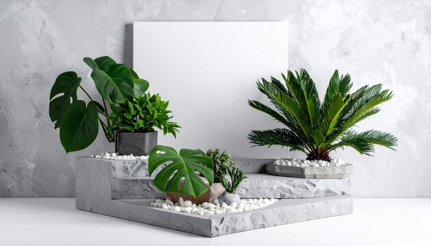 Plants and blank square on tiered stone structure against textured white wall