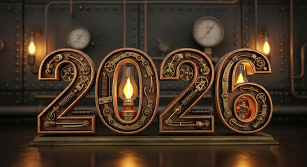 Steampunk-inspired "2026" Numeric Design with Intricate Gears and Glowing Lamps Against an Industrial Background