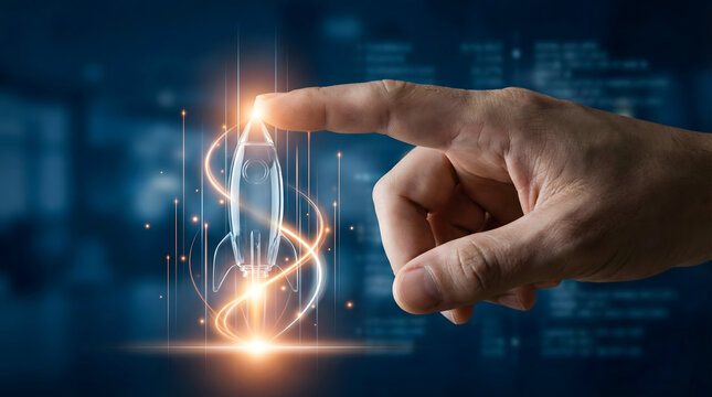 Hand touching a glowing digital rocket representing the spark of a new idea or startup,symbol of rapid acceleration and growth,concept of pushing forward into the future success. - Powered by Adobe