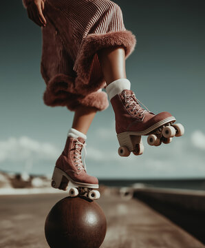 Retro roller skate boots balancing on iron sphere by waterfront promenade. Great for vintage fashion campaigns, playful lifestyle branding and creative editorial use.