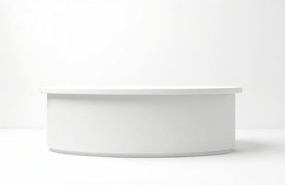 White curved counter offers display space for product promotion. Use for trade shows or retail marketing. Simple clean design for brand presentation. Ideal for events and exhibition booths.