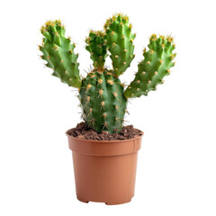 A small green cactus in a terracotta pot