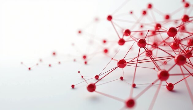 Abstract red network of connected spheres and lines symbolizes data flow. Scientific digital structure represents complex system connections. Medical research or tech concept graphic. - Powered by Adobe