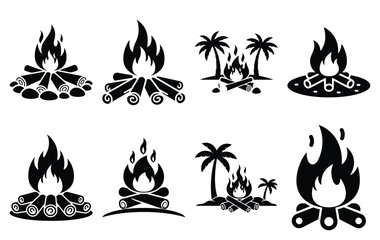 Obraz premium Silhouette of beach bonfire vector icon set collection. summer icons concept isolated on white, vector illustration