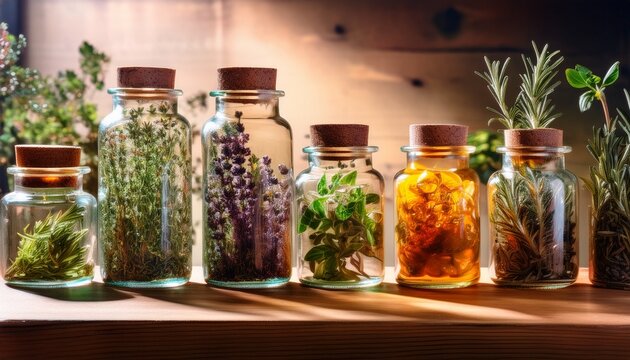 glass jars filled with vibrant herbs arranged on wooden shelf ou