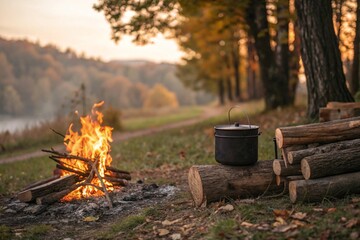 Campfire and Cooking Pot at Sunset in Autumn Forest