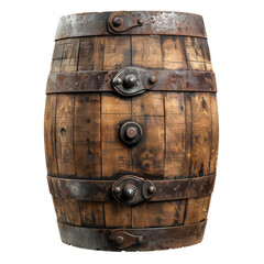 A rustic wooden barrel with metal bands