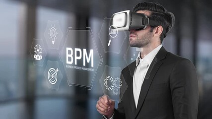 A businessman explores innovative solutions using a virtual reality headset to understand business process management in a modern office setting. Raster - Powered by Adobe