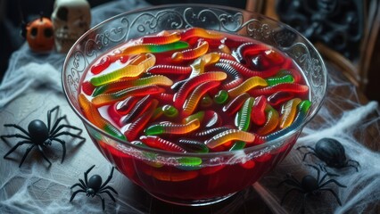 Halloween jelly worms in a glass bowl