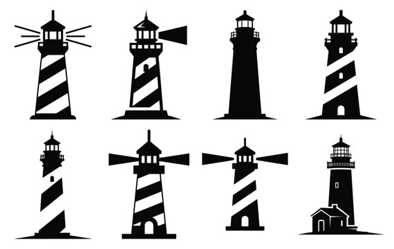 Silhouette of lighthouse silhouette simple vector icon set collection. summer icons concept isolated on white, vector illustration