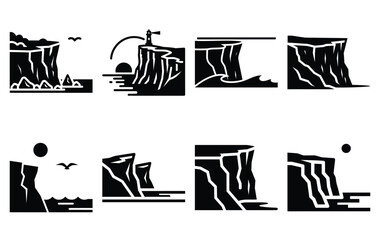 Silhouette of seaside cliff vector icon set collection. summer icons concept isolated on white, vector illustration