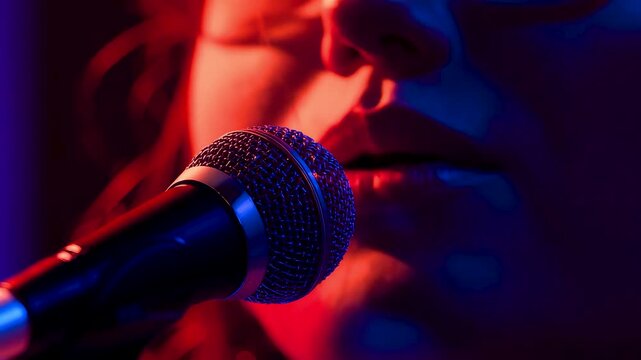 Live singer performing into microphone under red and blue stage lighting capturing raw vocal emotion and intimate concert atmosphere