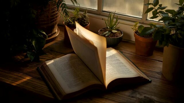 Open book on wooden table beside window with warm sunlight and houseplants creating peaceful reading corner and cozy interior atmosphere
