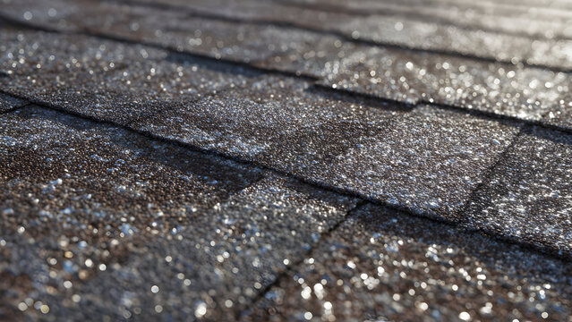 Ultra-realistic macro close-up of asphalt shingle surface showing layered granules, subtle color variation, and weathered texture