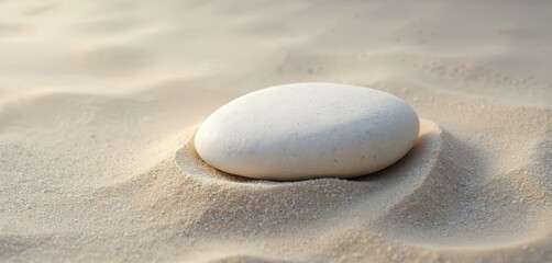 Obraz premium Smooth white stone settled on fine grainy sand. Natural textured background creates serene aesthetic for relaxation and minimalist design. Calm, simple scene.
