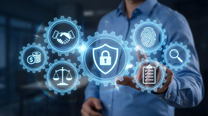 Visual representation of systemic safety and trust,showing a glowing shield icon within interlocking gears,representing integrated security,risk management,and protection.