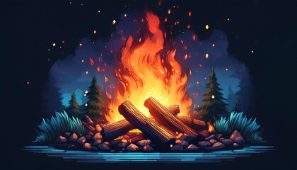 pixelated campfire with rising sparks