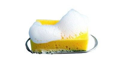 Foamy yellow sponge on a metal rack, isolated on a black background