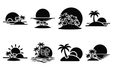 Silhouette of tropical island sun vector icon set collection. summer icons concept isolated on white, vector illustration