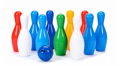 Colorful plastic bowling pins in triangular formation with blue ball on white background.