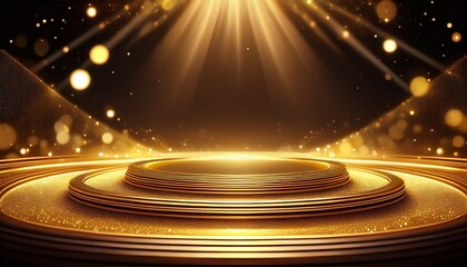 golden stage as circles with 3d effect background with glitters and spotlights on black background